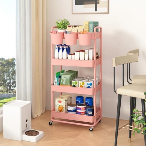 JIUYOTREE 4-Tier Plastic Rolling Storage Cart Utility Cart with Extra Hanging Cups Handles Lockable Wheels for Living Room Bathroom Kitchen Office Pink - Image 4