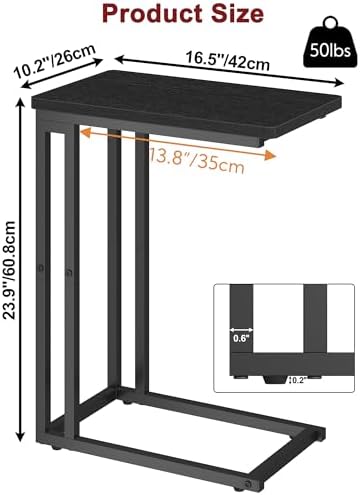 Yusong C Shaped End Table - Slide Under Sofa Couch Bed, Small Table for Small Spaces, Skinny Overbed, Coffee Drink Snack Table for Living Room, Black Oak - Image 3