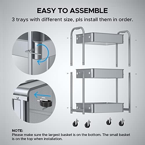 MAX Houser 3-Tier Rolling Utility Cart with Caster Wheels, Silvery-Grey - Image 6