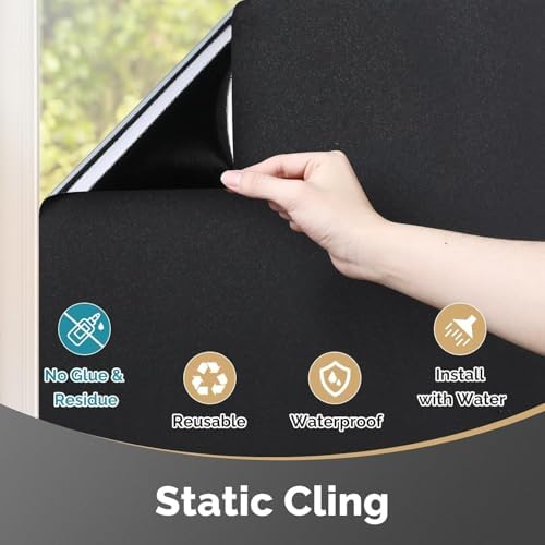 DOWELL Blackout Window Film, 100% Light Sun Blocking Static Cling Frosted Privacy Film for Glass, Heat Control Removable Window Tint, Room Darkening Cover for Day Sleep, Black, 35.4" x 118.1" - Image 6