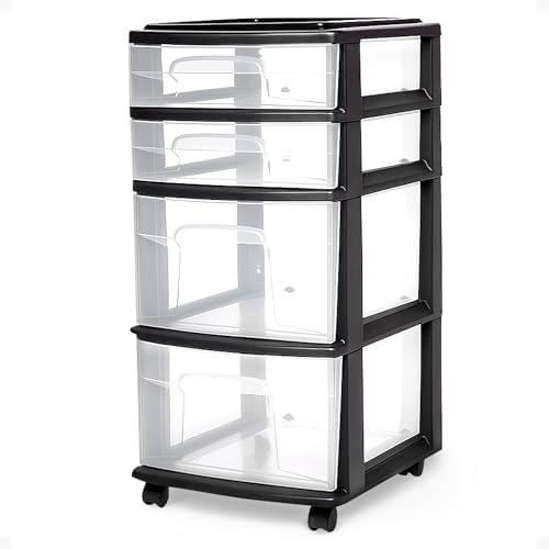 HOMZ Drawer Tower, 4-Tier Storage Cart with Removable Wheels, Black Frame by Homz