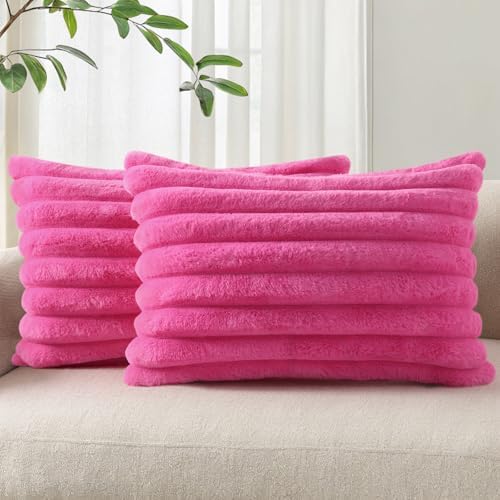 Pallene Faux Fur Decorative Throw Pillow Covers 12x20 Set of 2, Hot Pink by PALLENE