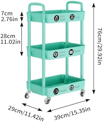 Laiensia 3-Tier Rolling Cart with Wheels,Multifunction Utility Storage Carts, Kitchen Storage Organizer,Mobile Shelving Unit for Bathroom,Laundry,with Classified Stickers,Green - Image 6