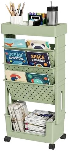 5-Tier Rolling Bookshelf Magazine Rack with Wheels Green by yeavs
