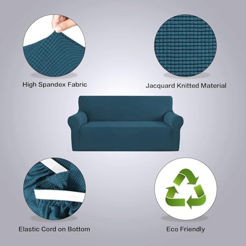 H.VERSAILTEX Stretch Couch Covers for Sofa 1 Piece Slipcovers for Couches and Sofas 3 Seater Couch Cover Feature Thick Checked Jacquard Fabric with Elastic Bottom(Large Sofa 90"-100" Wide, Deep Teal) - Image 4