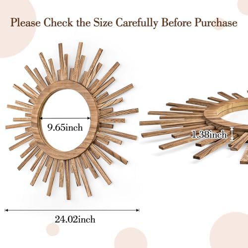 24 Inch Boho Sunburst Mirror, Round Wooden Wall Decor Starburst Sun Mirror for Bedroom, Living Room, Bathroom, Hallway, Balcony, Farmhouse Entryway, Housewarming Gift（Rustic Brown - Image 3