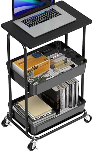 Simple Houseware 2-Tier Rolling Utility Cart Wood Top/Lockable Wheel, Black - Image 4