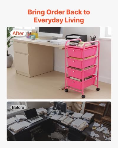 VEVOR Rolling Cart with Drawers, 4 Drawer Storage Organizer, Mobile Utility Cart with Steel Frame, Universal Casters & 2 Brakes, for Office, Classroom, Craft Tools, Garage, Cleaning Supplies, Rose Red - Image 6