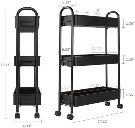 Slim Rolling Cart, Metal Frame Utility Rolling 3-Tier Narrow Storage Cart - Image 2