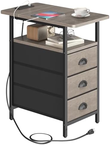 sthmec End Table with Charging Station, Side Tables Livingroom with USB Ports and Outlets,Narrow Nightstands Bedside Tables with 3 Drawers for Small Space,Slim Sofa Table Bedroom,Grey by Unknown
