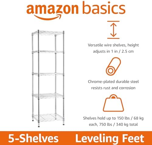 Amazon Basics 5-Shelf Tower Adjustable Storage Shelving Unit, Chrome, 16" x 16" x 54", 150 lbs Per Shelf - Image 4
