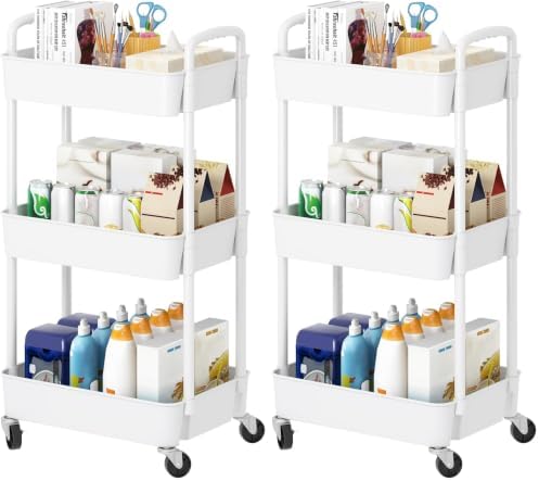 Laiensia 3-Tier Rolling Cart with Wheels,Multifunction Utility Storage Carts, Kitchen Storage Organizer,Mobile Shelving Unit for Bathroom,Laundry,with Classified Stickers,White (Pack of 2) by Laiensia