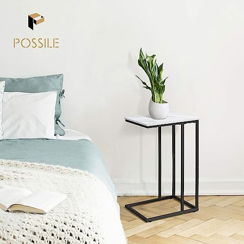 C Shaped Side Table Set of 2, Marble End Table for Sofa and Bed, Couch Table That Slide Under, Snack Side Table for Living Room, Bedroom or Small Spaces, White and Black - Image 2
