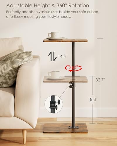 Masupu Sofa Arm Tray Table - 360° Swivel Height Adjustable End Table, Small Snack Side Table for Couch, C Shaped Table for Bed, Chair or TV Tray Table(Rustic Brown) - Image 2