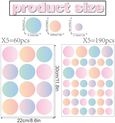 250 PCS Removable Boho Aesthetic Gradient Polka Dot Vinyl Wall Decals | 10 sheets peel & stick waterproof circle stickers for modern bedroom, living Room, office & playroom decor (1.2–2.6 in) - Image 2