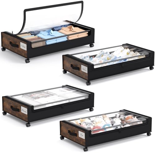 Yecaye Under Bed Storage with Wheels, 4 Pack Under Bed Storage Containers, Underbed Shoe Storage Organizer, Rolling Under Bed Metal Drawers for Clothes, Blankets, Brown by Yecaye