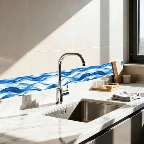 Ocean Wave Wallpaper Border Peel and Stick 196 x 4 Inch Ocean Beach Bulletin Board Boarder PVC Decorative Mirror Frame Trim Stickers for Bathroom Kitchen Backsplash Hotel Home Decorations - Image 4