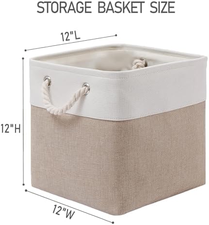 MidmmVick 12 x 12 Inch Cube Storage Bins, 6 Pack Large Collapsible Fabric Storage Bin with Ropes, Foldable Storage Cubes for Home, Office,Closet, Clothes, Toys Organizer (White & Beige) - Image 4