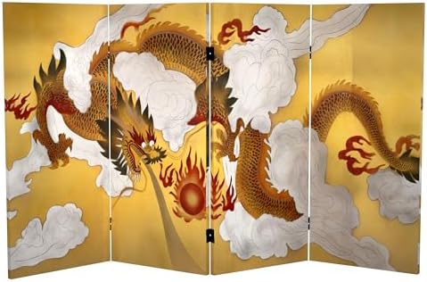 Red Lantern 3 ft. Short Double Sided Dragon in the Sky Canvas Room Divider 4 Panel Freestanding Folding Privacy Screen Partition and Separator for Modern and Contemporary Bedroom Home Office Dorm by RedLantern