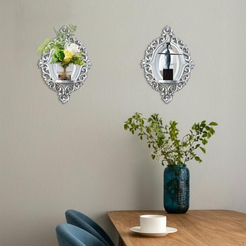 2 Set Vintage Candle Wall Sconce for Home Decor Living Room Bedroom Office Wood Antique Mirrored Victorian Mounted Candlestick Wall Holder Relief Hanging Decor -Silver 11.8in - Image 4
