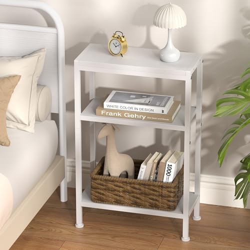 Narrow Side Table for Small Space, 3 Tier Slim End Table, Thin Nightstand, Skinny Snack Couch Table, Sofa Bedside Table, Tall Plant Stand in Living Room, Bedroom, Study, Kitchen and Balcony (White) - Image 2