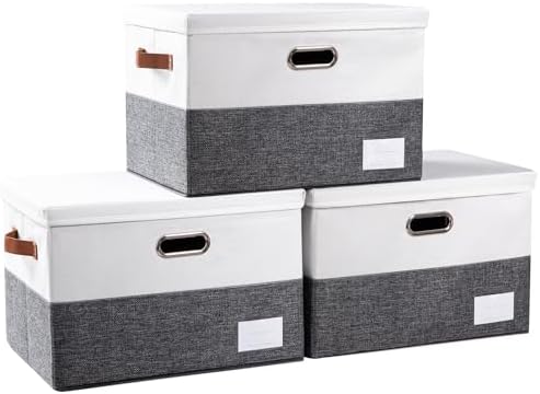 PRANDOM Foldable Storage Bins with Lids [3-Pack] Fabric Collapsible Storage Boxes Baskets Cubes Containers with Handles for Closet Living Room Bedroom (Grey & White 17.7x11.8x11.8'') by Prandom