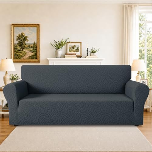 ZNSAYOTX 1 Piece Stretch Sofa Covers for 3 Cushion Couch (72"-90"), New Plaid Couch Cover with Non-Slip Buckle for Dog Pets, Ultimate Soft Cozy Washable Sofa Slipcover Form Fit Protector, Dark Grey - Image 2