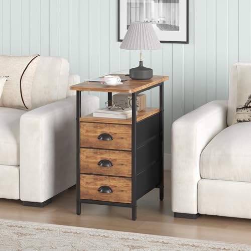 sthmec End Table with Charging Station, Side Tables Livingroom with USB Ports and Outlets,Narrow Nightstands Bedside Tables with 3 Drawers for Small Space,Slim Sofa Table Bedroom,Rustic Brown - Image 2