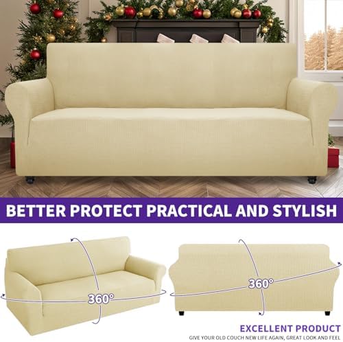 ZNSAYOTX Super Stretch Couch Cover (72"-92") Universal Sofa Covers with Elastic Bottom, Dog Cat Pets Friendly Washable Furniture Protector Fitted Sofa Slipcovers Stay in Place (Beige, Sofa) - Image 2