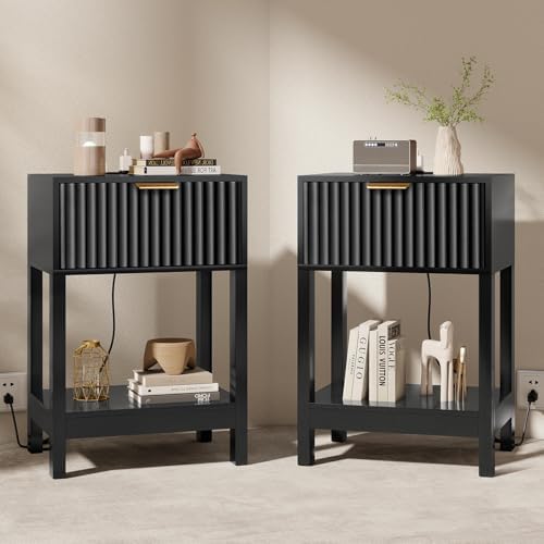 Nasonet Night Stand Set 2, Fluted Nightstand with Charging Station, Wood Bedside Table with Drawer & Storage Shelf, Modern End Tables for Bedroom Sofa Couch Office, Black by Nasonet