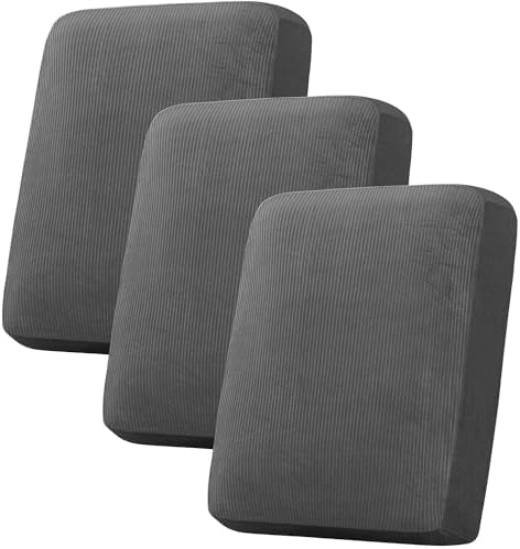 H.VERSAILTEX Velvet Stretch Couch Cushion Cover Plush Cushion Slipcover for Chair Loveseat Sofa Cushion Furniture Protector Seat Cushion Sofa Cover (3 Piece Sofa Cushion Covers, Grey Striped) by HVERSAILTEX