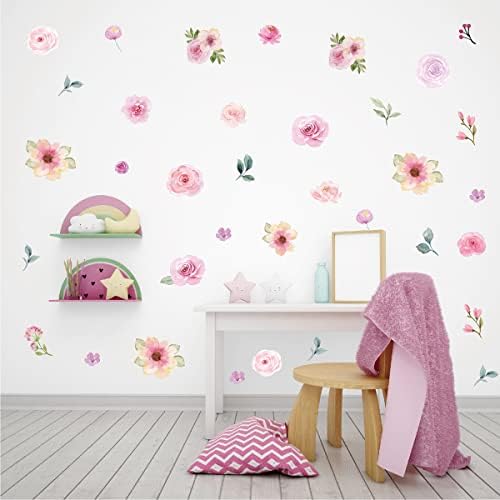 AOWDIAO 60 Pcs Flower Peel and Stick Wall Decals Watercolor Vinyl Peony Floral and Leaves Wall Stickers Pastel Flower Decor for Girls Bedroom Nursery Classroom Living Room - Image 5