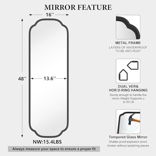 Ferytange 48"x16" Black Door Mirror Full Length Over The Door with Non-Rusting Metal Frame, Modern Full Body Mirror Bedroom Closet Bathroom - Image 6