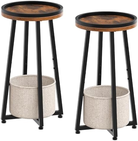 HOOBRO Small Round Side Tables, Set of 2, 2-Tier Round Sofa End Tables, Compact Nightstands with Cotton Linen Storage Basket, for Small Space, Living Room, Bedroom, Dorm, Rustic Brown BF183BZP201 by HOOBRO