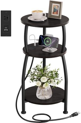 Round Side Table with Charging Station, Small Spaces Nightstand by designyourhome