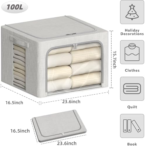 4 Pack Clothes Storage Bins with Metal Frame - 100L Stackable Storage Box with Lid，Foldable Storage Container Organizer for Clothes，Linen Fabric Storage Box with Clear Window＆Zippers＆Handles - Image 4