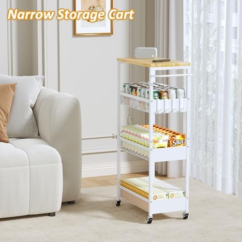 Vincona 9.1" Wide Slim Rolling Utility Cart, 4 Tier Metal Narrow Storage Cart with Handle and Wood Top, Multifunctional Small Mobile Shelf Unit Organizer Trolley for Laundry, Bathroom, Kitchen - Image 6
