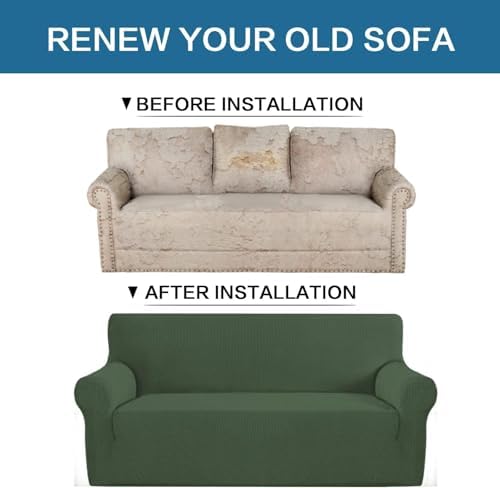 H.VERSAILTEX Stretch Couch Covers for Sofa 1 Piece Slipcovers for Couches 3 Seater Couch Cover Feature Thick Checked Jacquard Fabric with Elastic Bottom(Large Sofa 90"-100" Wide, Bronze Green) - Image 6