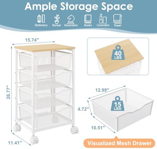 Hongtamoya Rolling Cart with Drawers, Storage Cart with Wheels Metal Rolling Drawer Cart with Lockable Wheels and Wood Tabletop Craft Storage Art Cart for Living Room Bedroom Classroom Office White - Image 3