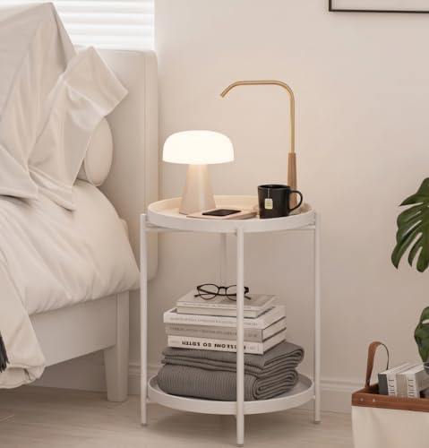 TeoKJ 2 Tier Round Side Table, Folding Round Metal End Table Small Nightstand with Two Removable Tray for Bedroom Living Room Bedside Small Spaces White - Image 4