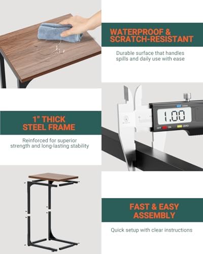 C-Shaped Side Table for Couch - Small Coffee Stand Sofa Tray Desk with Metal Frame and Waterproof Scratch Resistant, Modern End Accent for Living Room, Bedroom, Set of 2, Rustic Walnut - Image 3