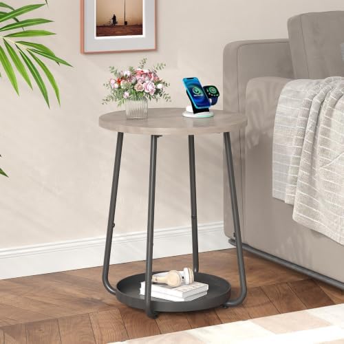 sthmec Small Round Side End Table with Storage, 2 Tier Round Bedside Sofa Couch Coffee Tables with Tray, Metal Nightstand for Small Spaces, Living Room Bedroom, Grey - Image 6