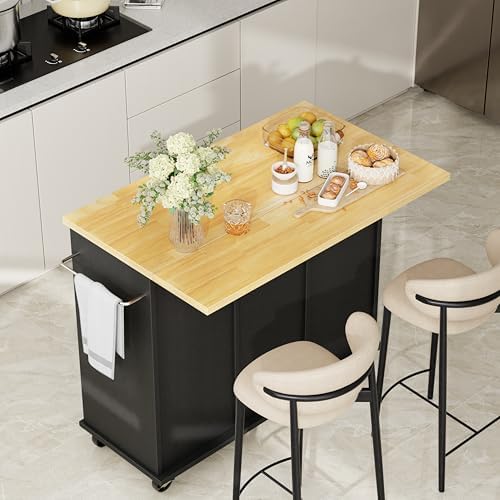 Shintenchi Kitchen Island with Storage, Bar Cart Cabinet Island Table on Wheels, Rolling Microwave Cart for Kitchen with Drop Leaf, Drawers, Towel Rack, Seating Area for Dining Room, Black - Image 2
