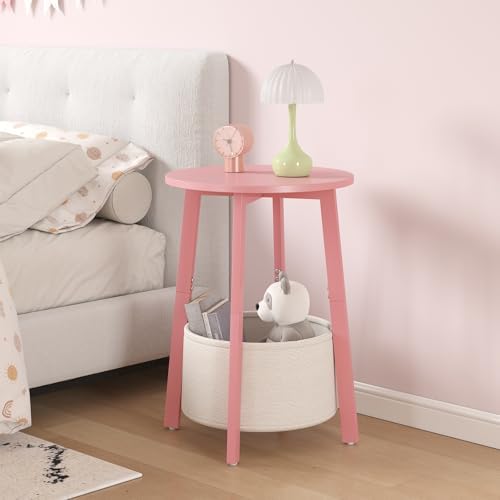 sthmec Small Round Side End Table with Cloth Storage Basket, Round Bedside Sofa Couch Coffee Tables for Small Places with Metal Frame, Modern Nighstands for Living Room Bedroom, Pink - Image 6