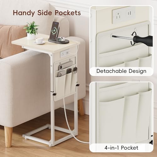Vagusicc C Shaped End Table with Charging Station, Adjustable Height Side Table for Couch, Small Sofa Table C Table End Table, Slide Under Couch Table TV Tray Arm Table for Living Room, Bedroom, Cream - Image 6