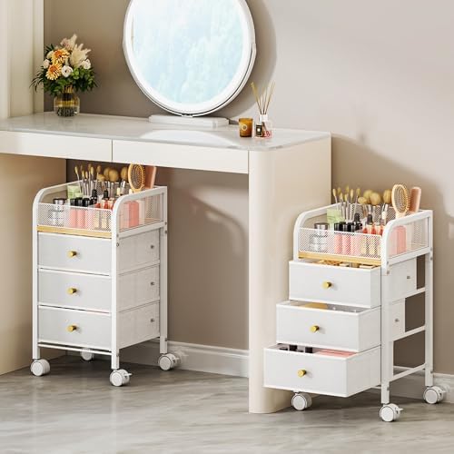 SWTYMIKI Rolling Makeup Organizer Cart - Under Desk Vanity Makeup Storage with 3 Non-woven Drawers, Nail Cart Organizer Cosmetic Display Cases Cabinet for Skin Care Perfume Nail Polish Brush Hair Tool by SwtyMiki-TidyHomeSweetLife