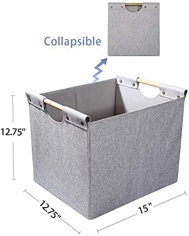 HOONEX Large Foldable Storage Bins, Linen Fabric, 2 Pack, with Wooden Carry Handles and Sturdy Heavy Cardboard, for Home, Office, Car, Nursery, Light Grey - Image 5