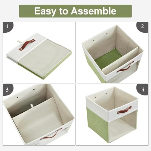 Bagnizer Storage Cubes, 4 Pack Linen Foldable Storage Bins with Clear Window and 2 Handles, 13x15x13 for Shelf Closet, Kallax, Clothes, Books - Green/Off-White - Image 6