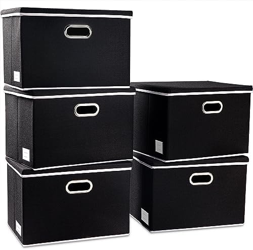 PRANDOM Foldable Storage Bin with Lid [5-Pack] Linen Fabric Decorative Storage Box Organizer Container Basket Cube with Handles Divider for Closet Office Living Room Black(14.9x9.8x9.8) by Prandom