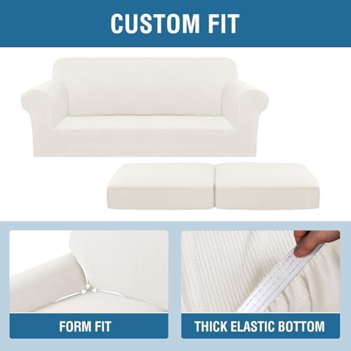H.VERSAILTEX 3 Piece Stretch Sofa Covers for 2 Cushion Sofa Couch Covers for Living Room Sofa (Base Cover Plus 2 Seat Cushion Covers) Thicker Jacquard Fabric (Large Sofa, Porcelain White) - Image 4